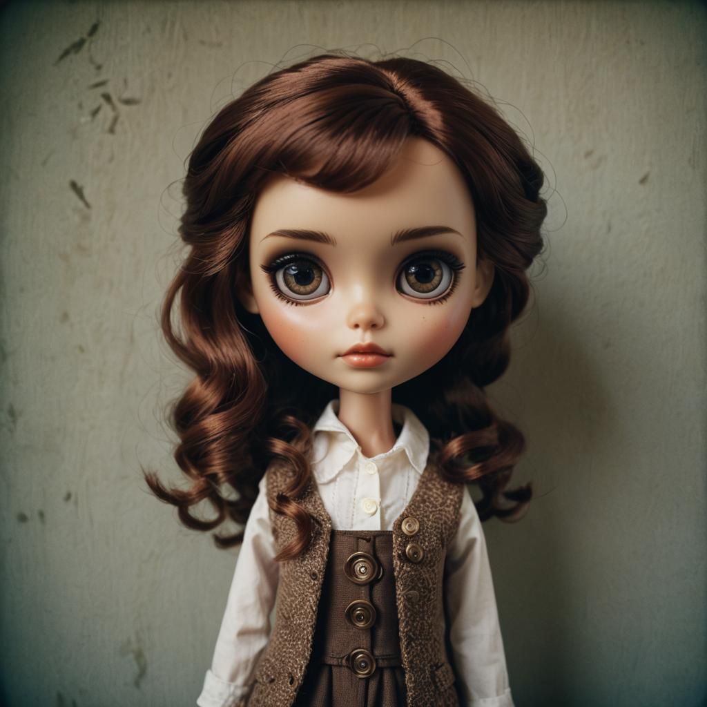 Haz una imagen de una blythe doll con pelo caoba y ojos marrones claros