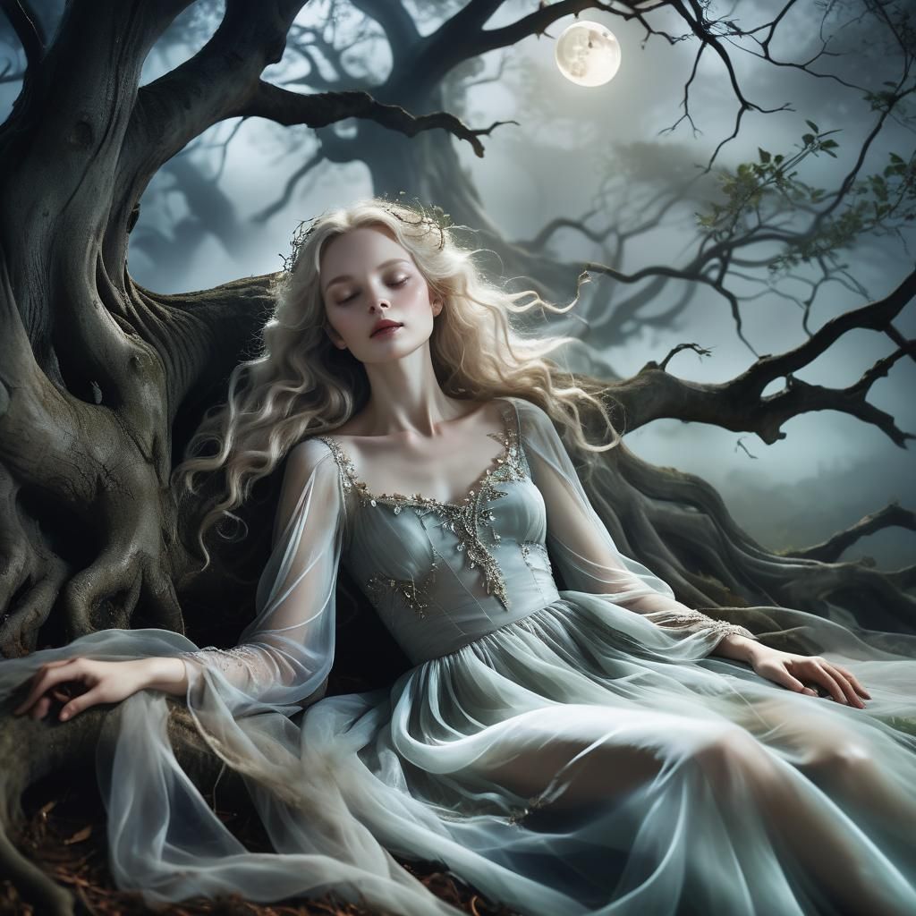 a woman with a pale complexion and a transparent dress, lyin...