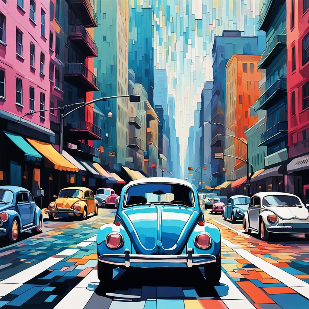 Portraits of vw beetles with fragmented, pixelated effects t...