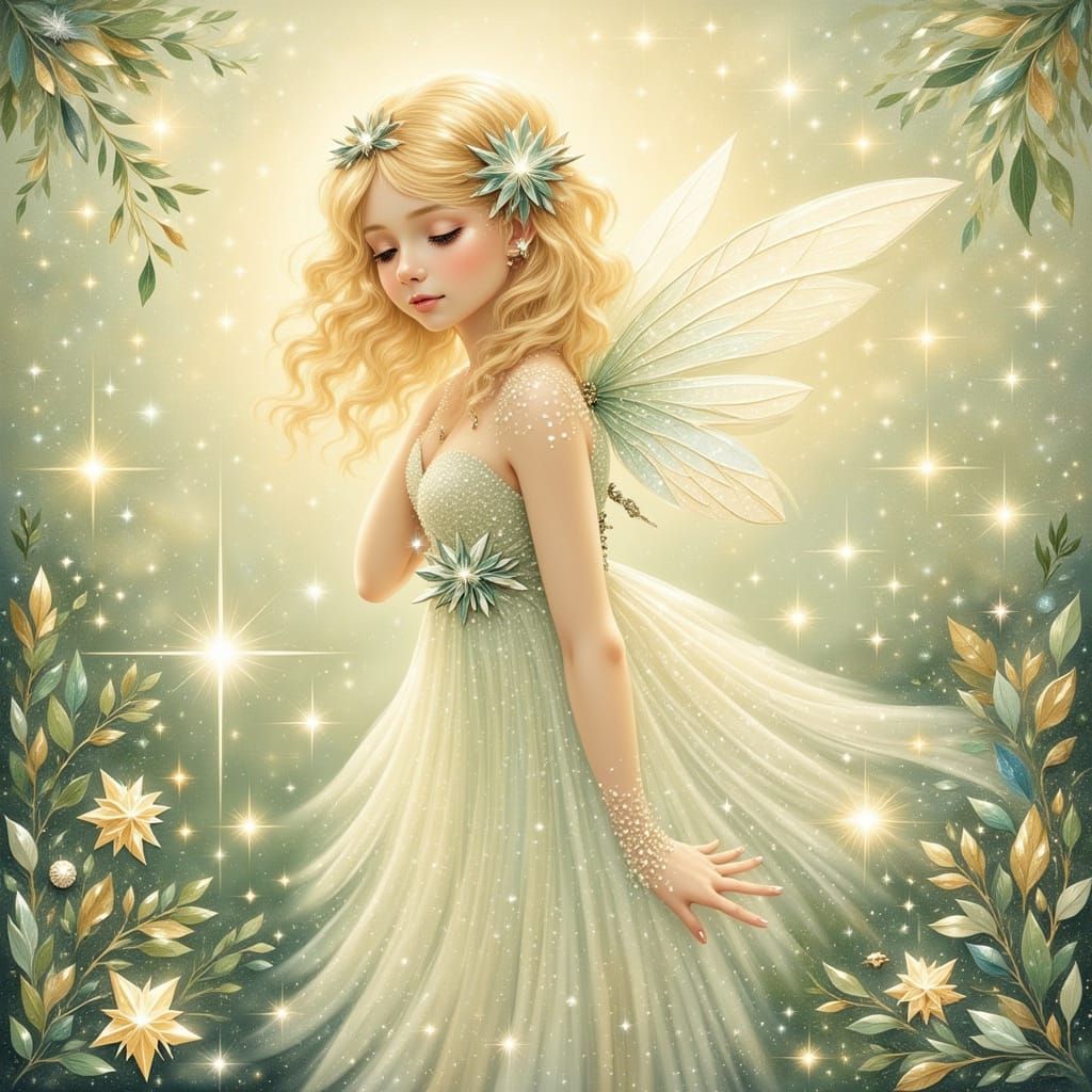 Blonde fairy in soft pastel dress, subtle iridescent wings, gentle downward gaze, surrounded by delicate floral and leaf motifs in greenery