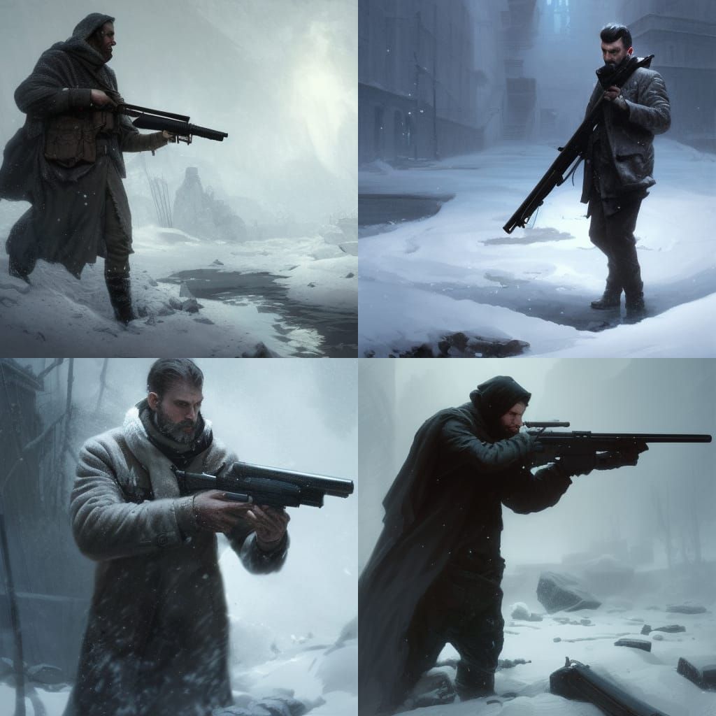 a man swathed in dark cloth wading throw nee deep snow holdi...