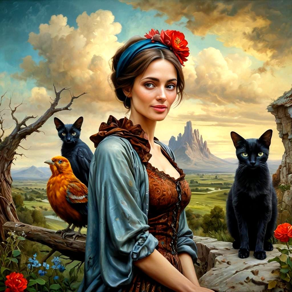Surrealistic Lady Amidst Whimsical Landscape