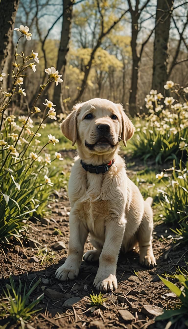 Labrador puppies playing in spring