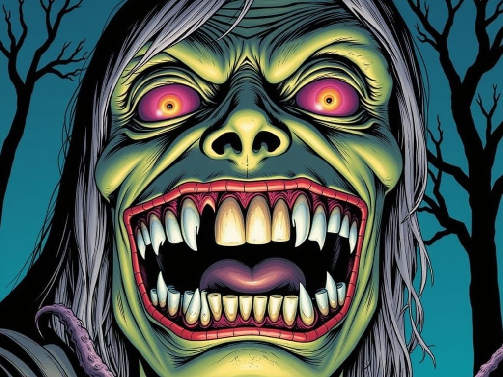 <lora:Creepshow:1.0> A mysterious figure in tattered, worn clothing stands amidst a haunted, abandoned carnival, surrounded by creepy, rusti...