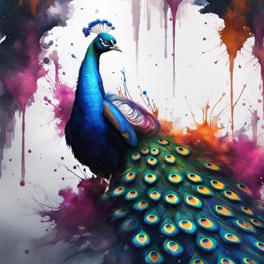 Ink splatter painting with peacock  by @TabbyCatXIII