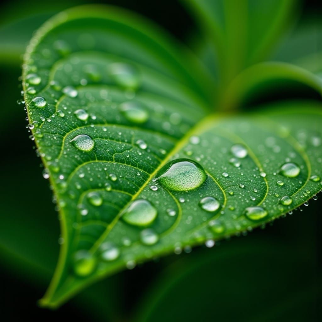 Zoom in on the surface of a green leaf after a rainstorm. Highlight the texture of the veins and droplets of water clinging to the leaf.<lo...