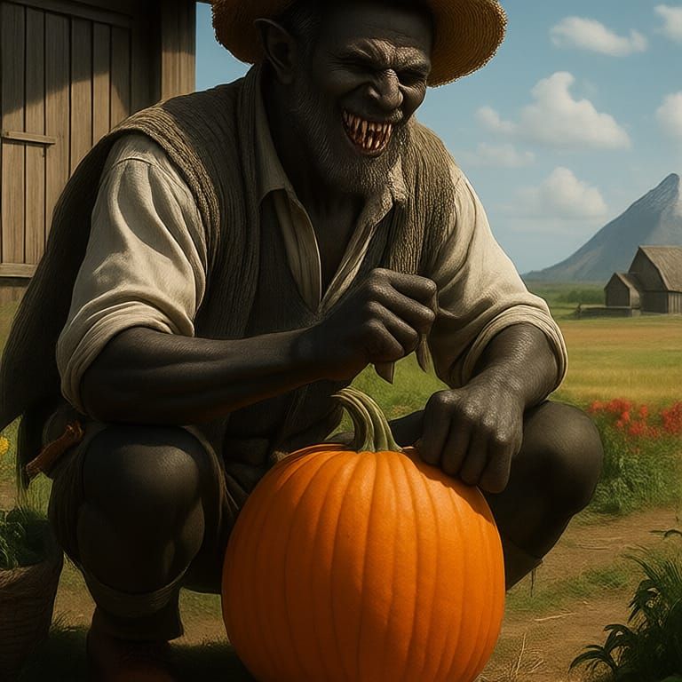 The good Orc-a peaceful Orc farmer tends his crops with gray-black skin,pearly fanged smile,short squat body, long arms,short legs,an old st...