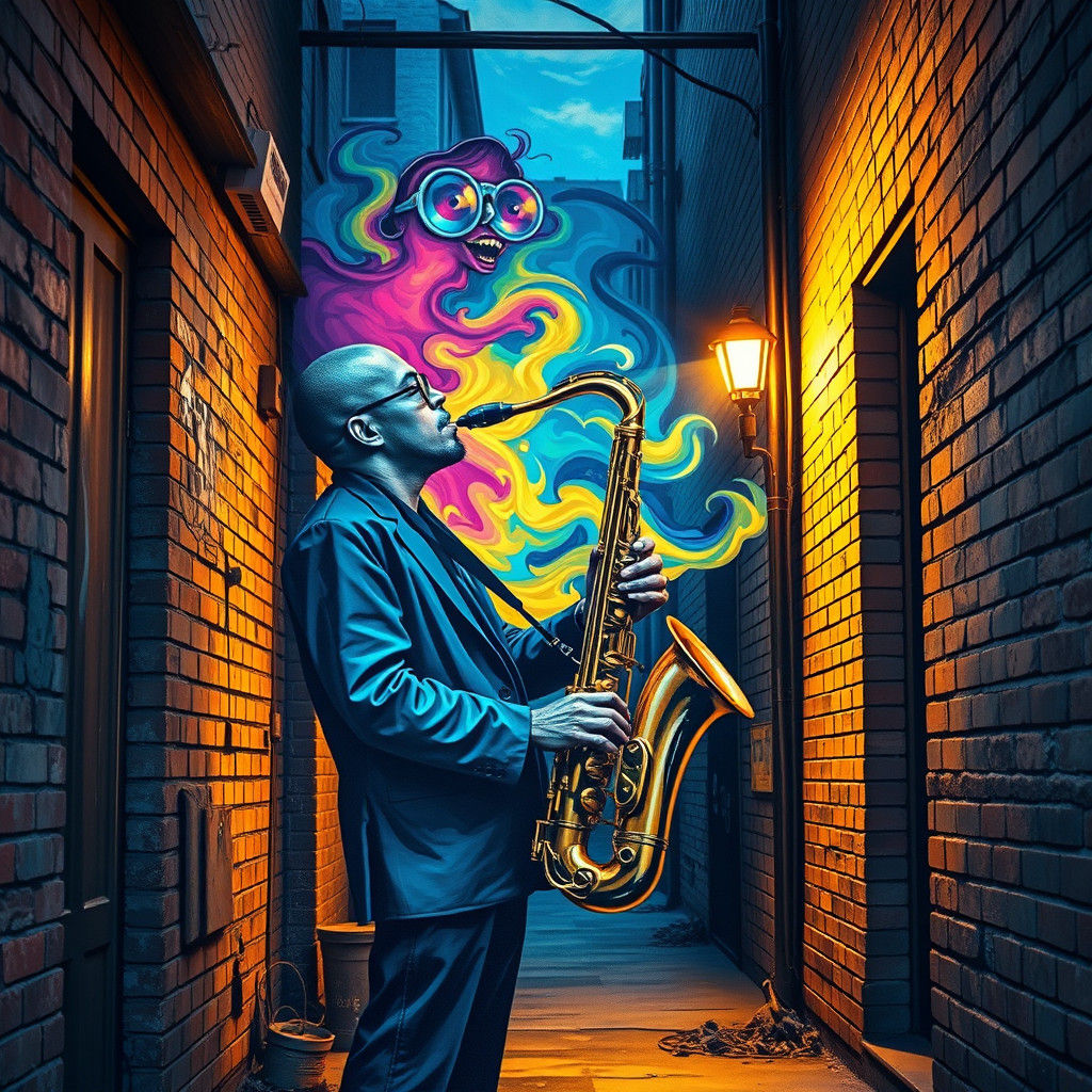 a lone saxophonist playing passionately in an alley
