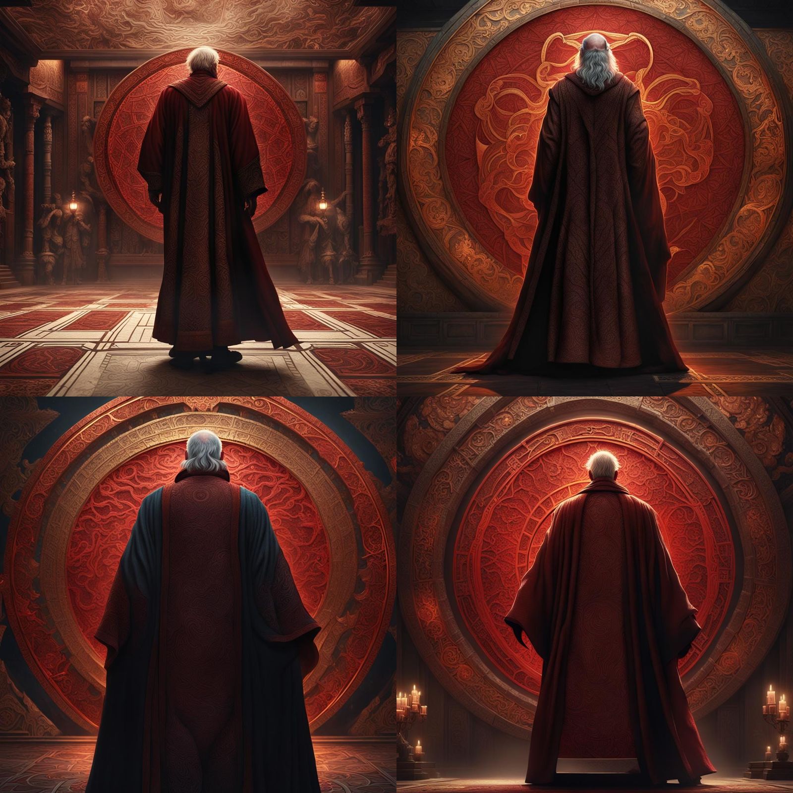 Old man in a long flowing robe with intricate pattern design...