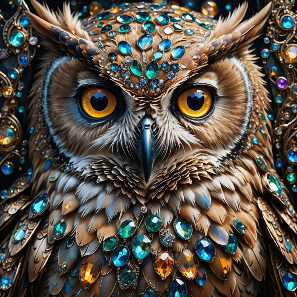 A beautiful portrait photograph of a owl with diamond and ge...