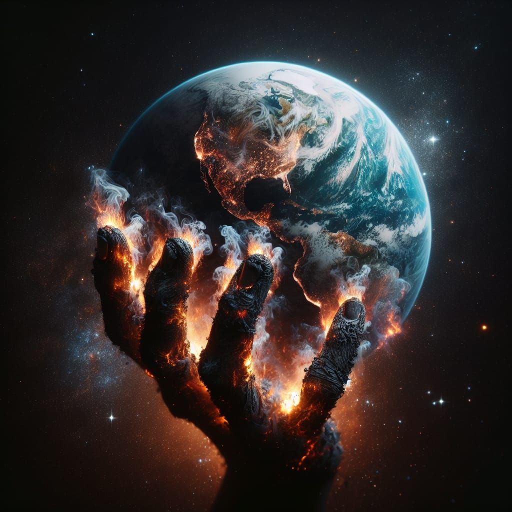 Double exposure Hand made entirely of smoke and volcanic fire holding the earth double exposure galaxies ...  by @HarrietM