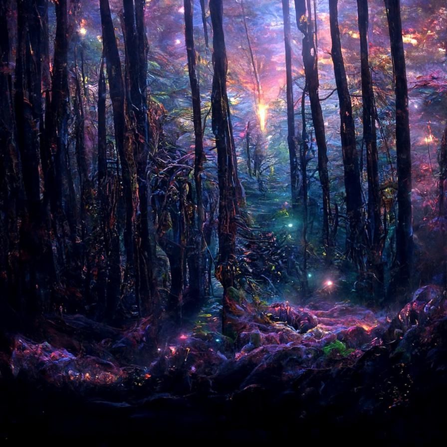 In a dark, enchanted forest, a young woman stands amidst ethereal lights  casting ghostly glows, with a sky of brooding clouds and shimmering - AI  Generated Artwork - NightCafe Creator