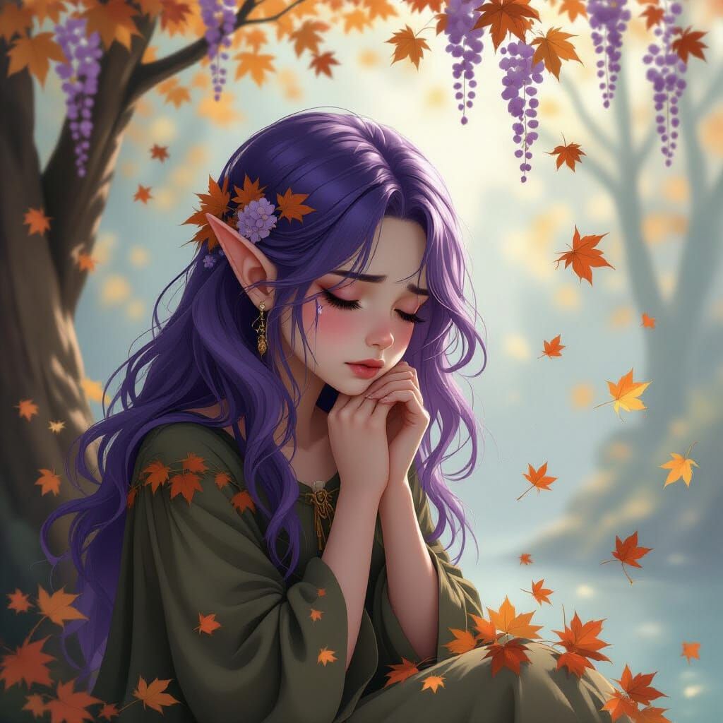 Sorrowful Purple Elf Girl in Autumn Melancholy