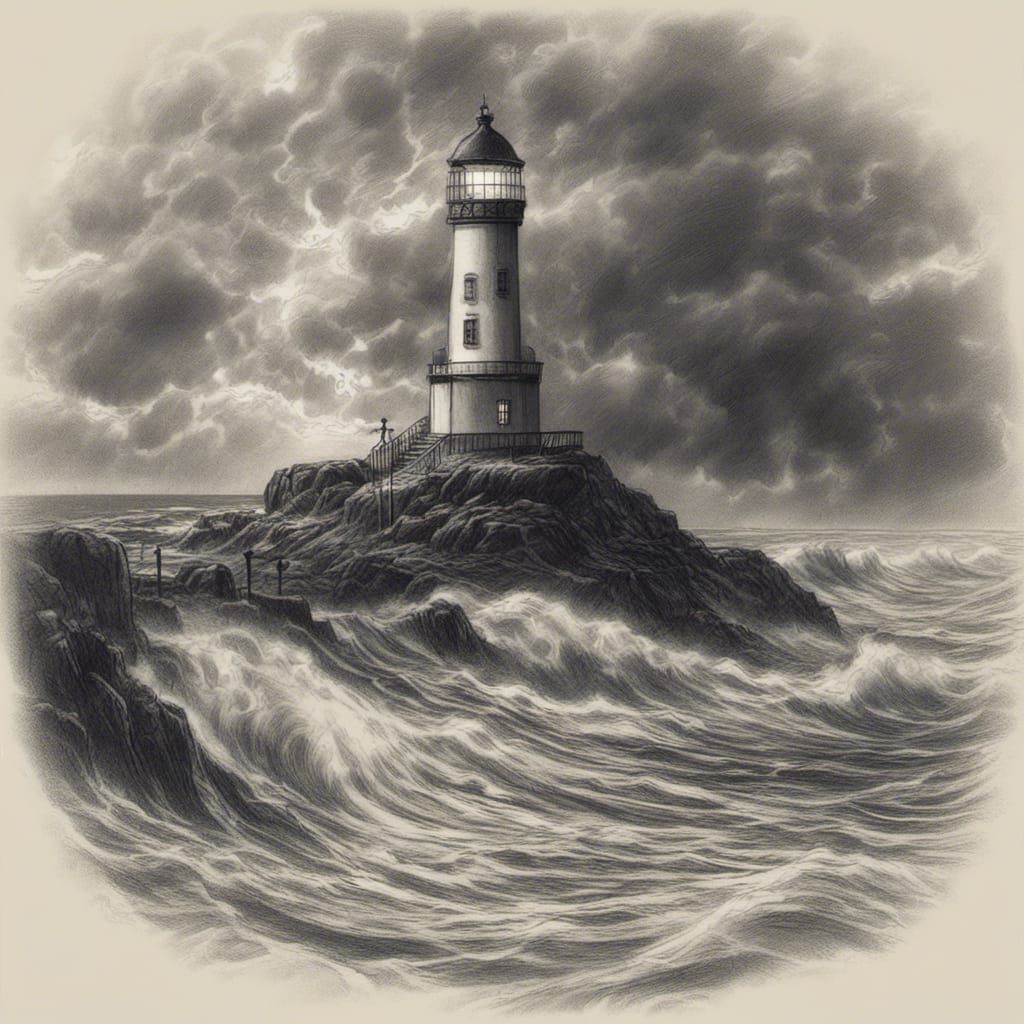 <lora:Pencils and crayons:1.0> (Pencils and colourful crayon) beautiful lighthouse flashing in a storm. Waves lashing seaspray wild weather....
