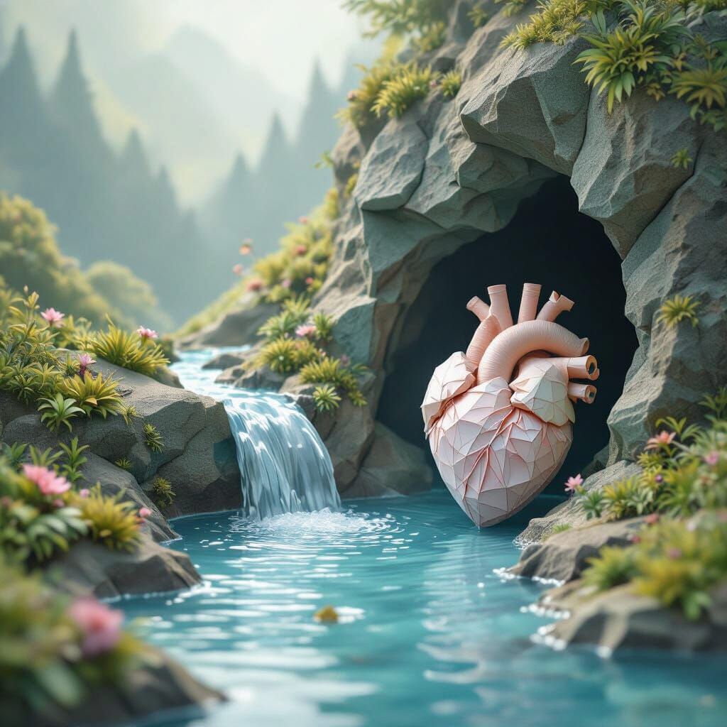 Mountain Spring Flows Into Origami Heart Sculpture
