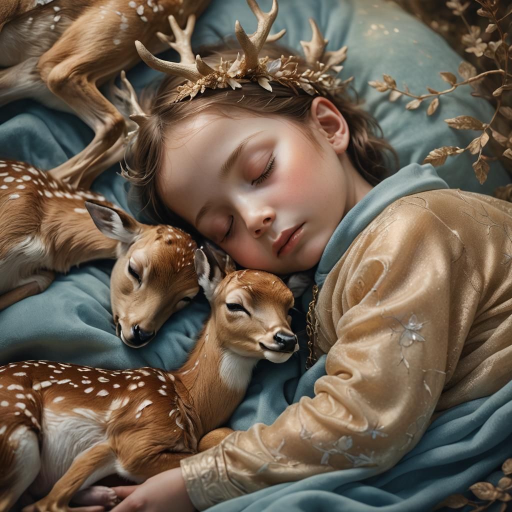 A sleeping human baby and a sleeping little deer side by side  by @DS9