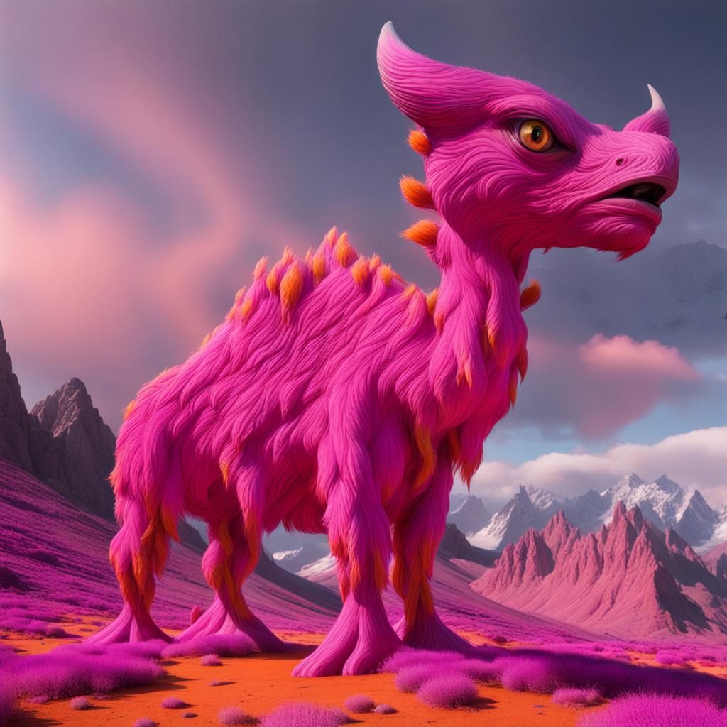 Criatura tipo camello, dragón y peludo, fucsia y un poco de ...