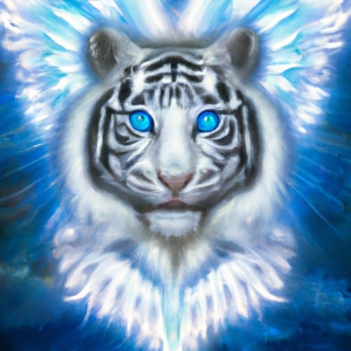 Beautiful white tiger with blue eyes with glowing angel wing...