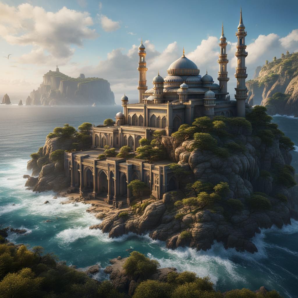 A giant mosque on a seaside cliff