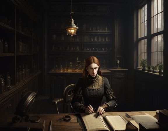 a female Victorian anatomist in her laboratory. Victorian, B&W, Grey-scale, sepia  by @Amanda