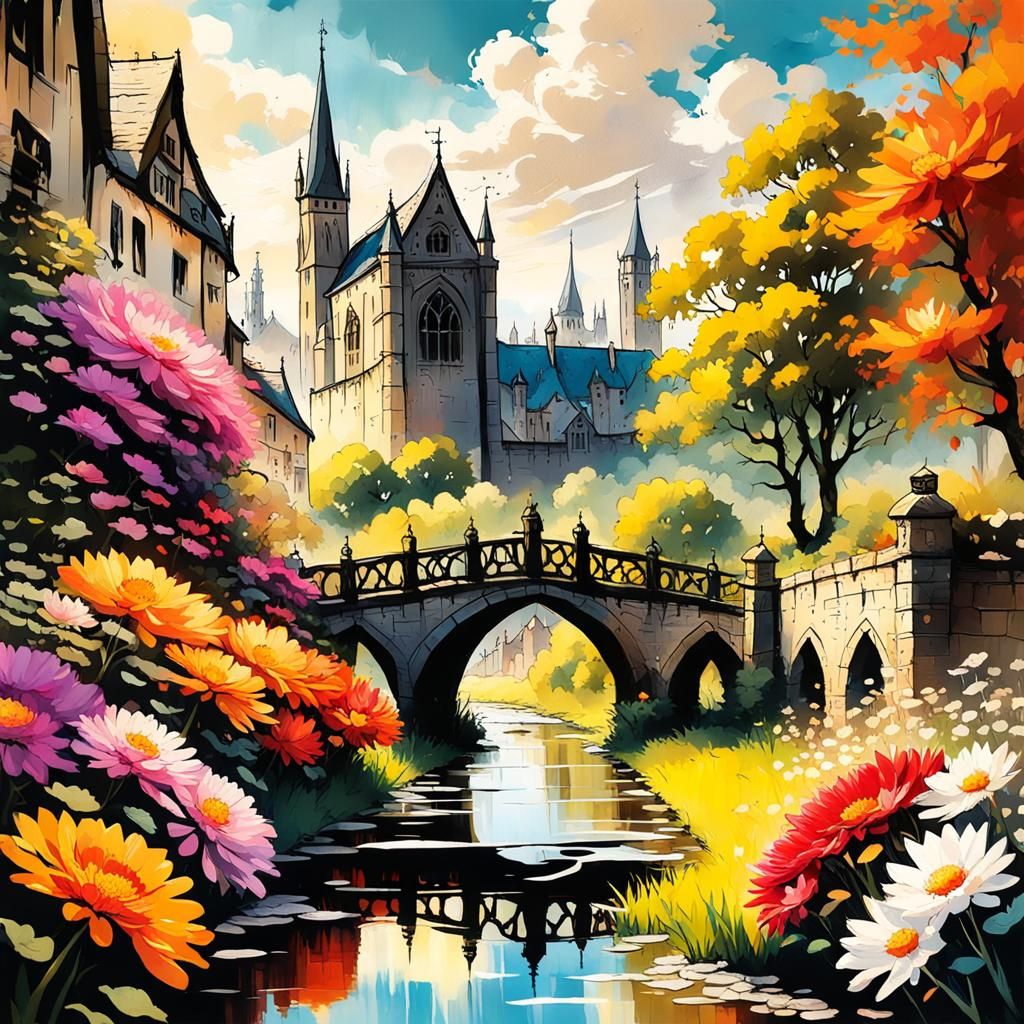 Bavarian Cityscape with Chrysanthemums: Impasto Watercolor A...