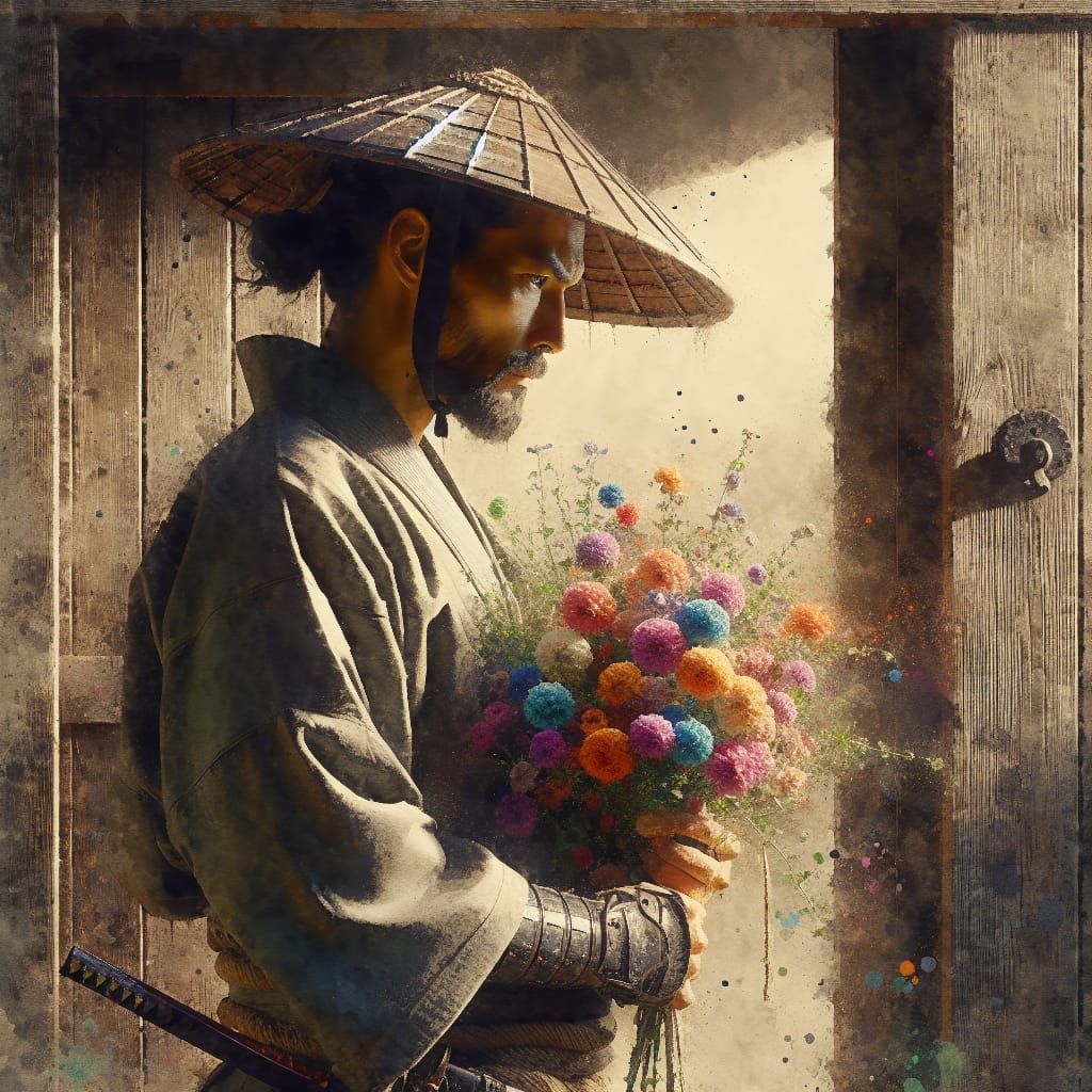 Samurai clutching flowers