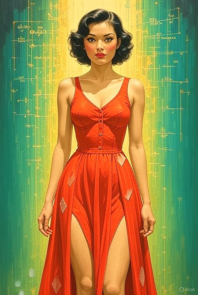 Direct eye contact; 1950s pin up woman standing full body, r...