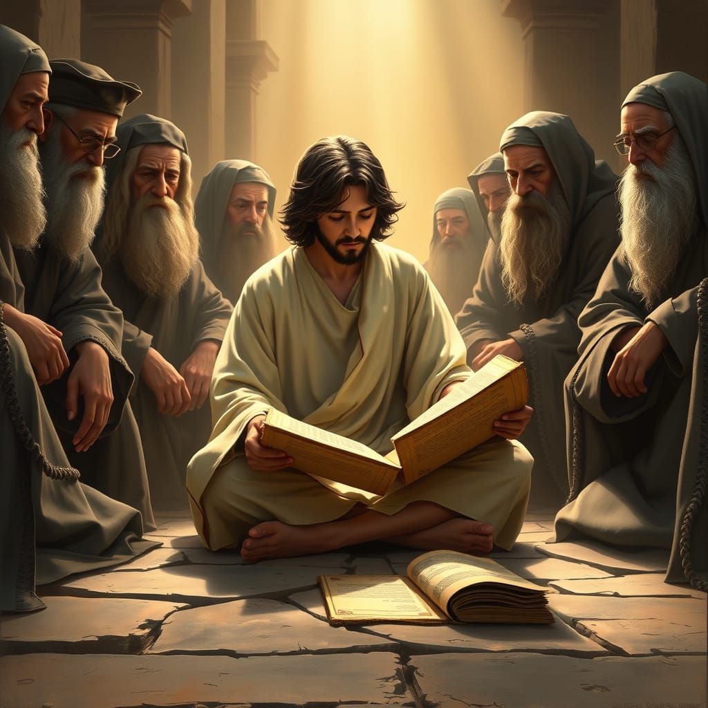 Young Jesus reading scroll, surrounded by rabbis