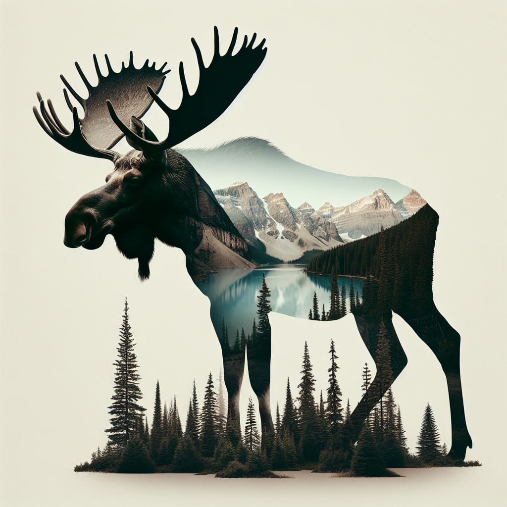 Double exposure bull moose silhouette with mountain scene on beige background