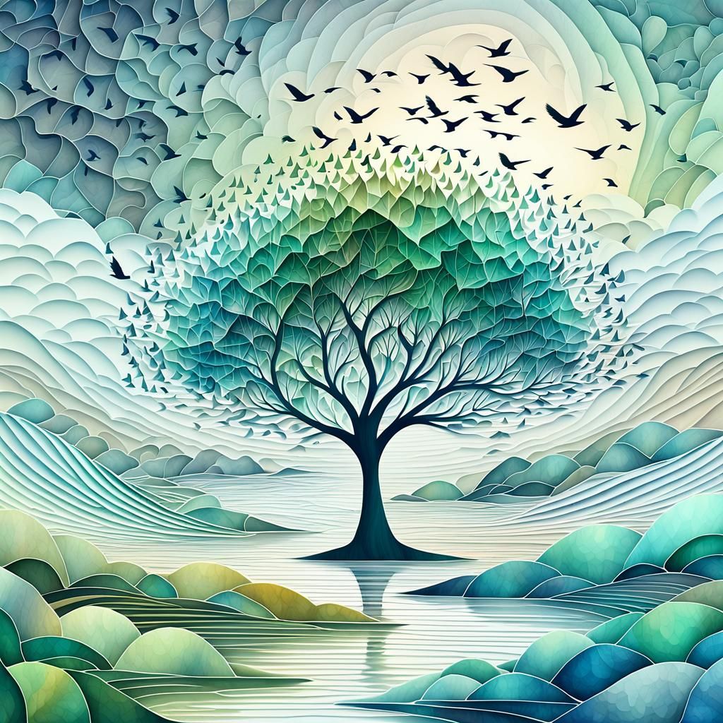 Abstract Fractal Tree with Migrating Birds
