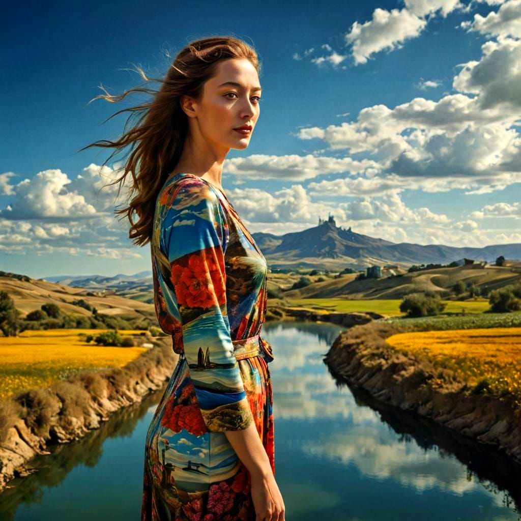 Surreal Happy Lady in Fantastic Landscape