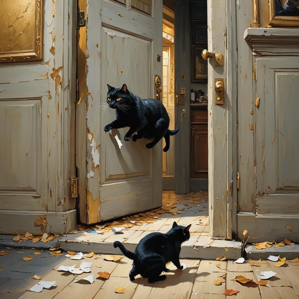 Giant Black Cat Chase: Surreal Oil Painting
