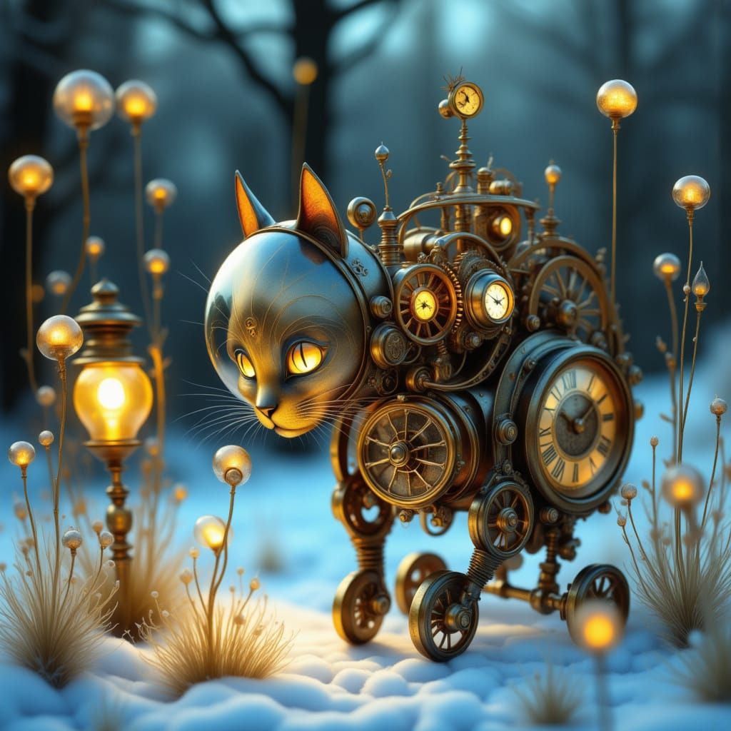 <lora:Steampunk Fantasy:1.0> A whimsical, steampunk-inspired mechanical cat, crafted from polished brass and ticking clockwork, explores a f...