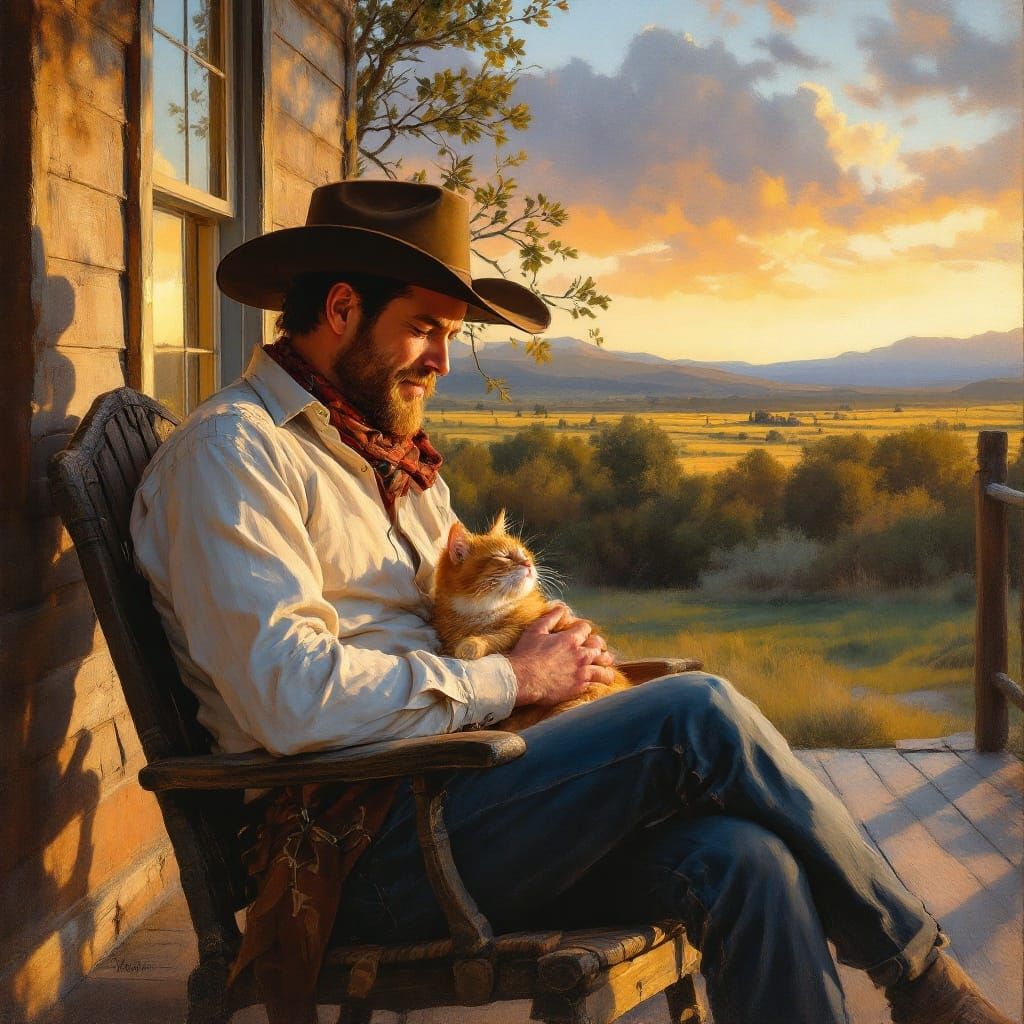 A cowboy. On a porch. With a cat. That is all.  by @Lynn Kopelke