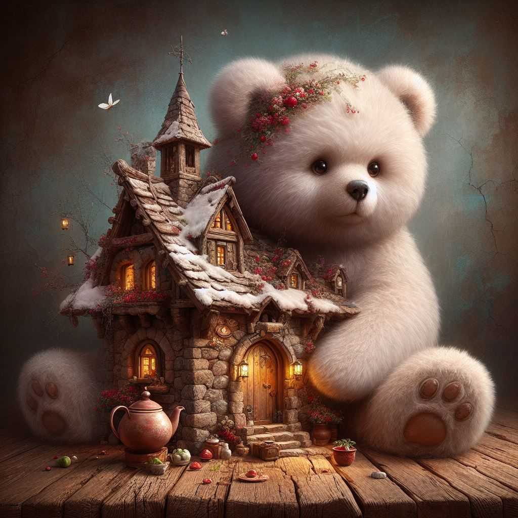 bear with cottage