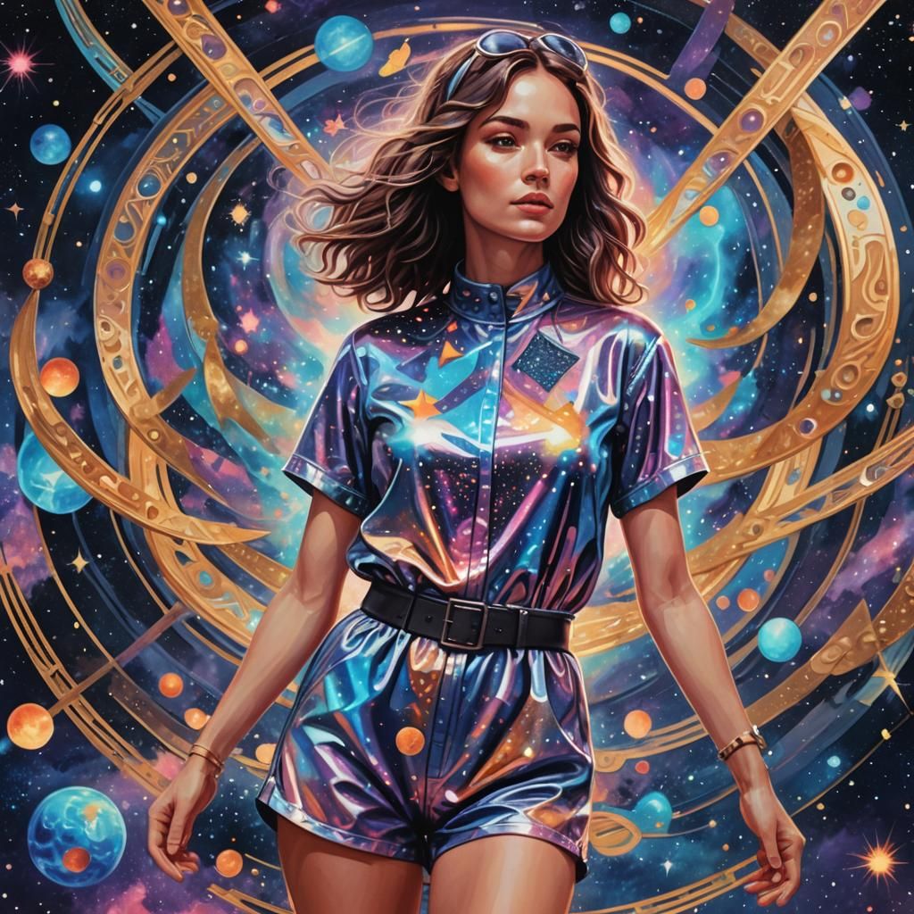 A woman arms akimbo, wearing a romper