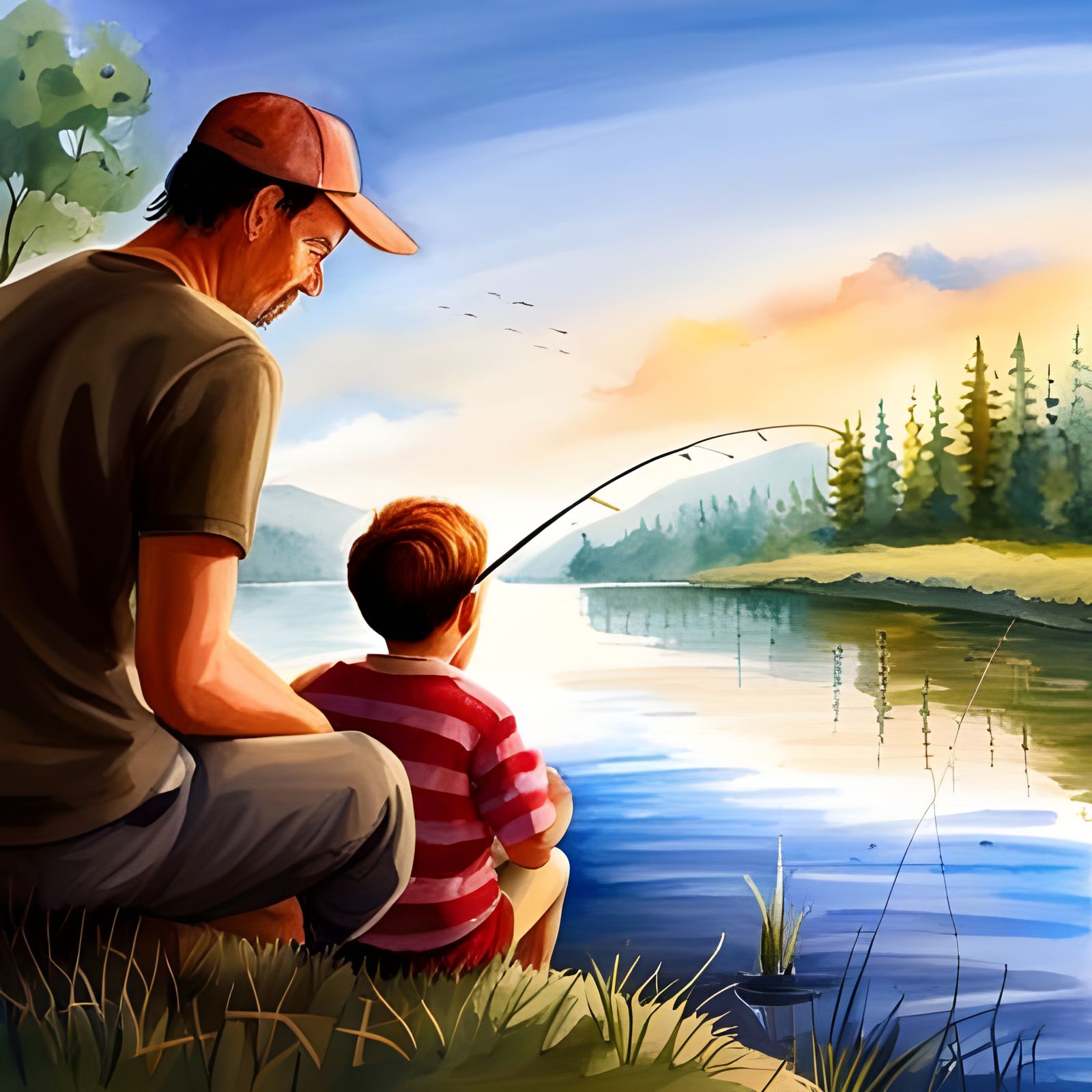 Father teaching his son how to fish at a calm lake  by @NewAgerJul