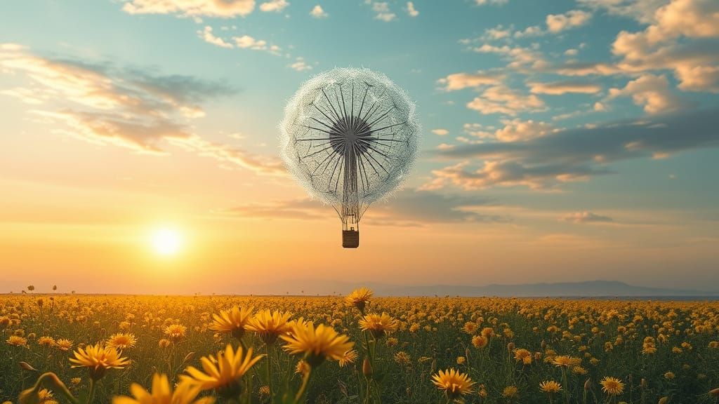 On the horizon, a delicate, silvery, filigree hot air balloon radiating an ethereal, iridescent glow, ...  by @blenta