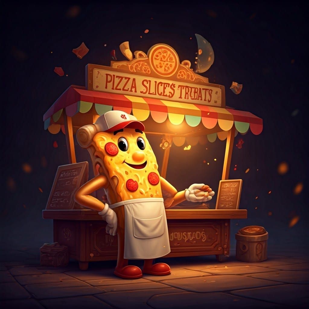 Charming Pizza Slice Vendor in Syd Mead Style