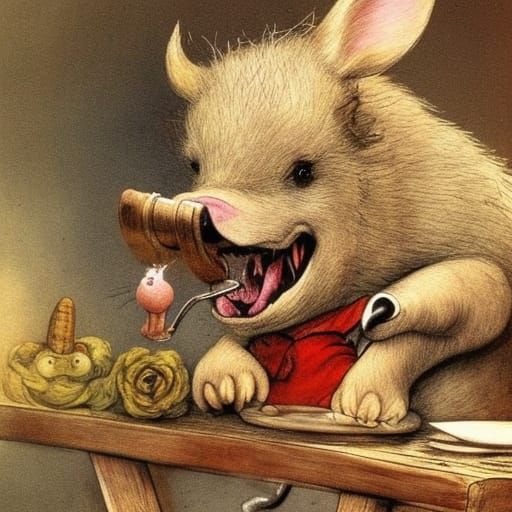 painting of a cute whimsical, a raging wild boar with a ragi...