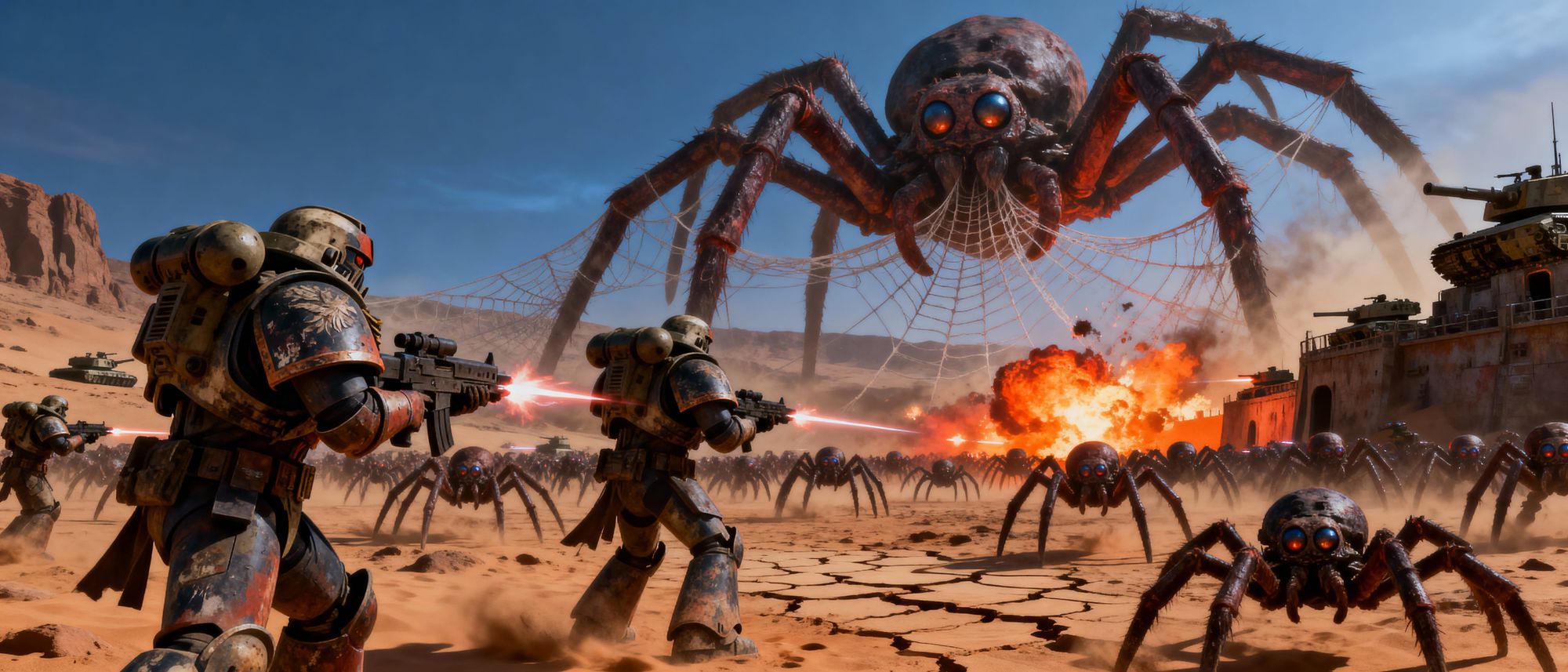A squad of space marines defend an outpost on a desert alien planet against a horde of giant spiders 8k photorealism action still