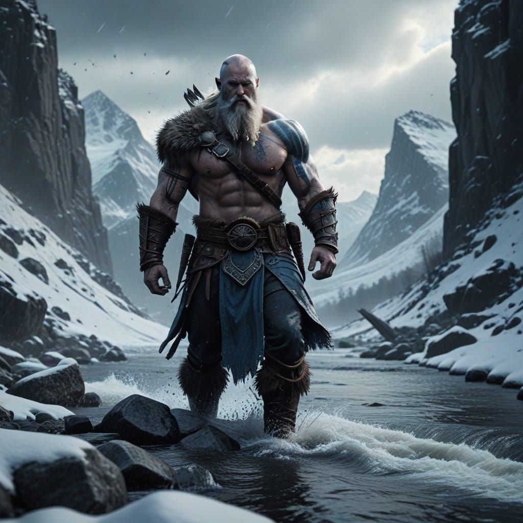 realistic image of a dark fantasy setting. on a snowy mountain range with flowing river and boats in the foreground. it is windy. a tall gol...