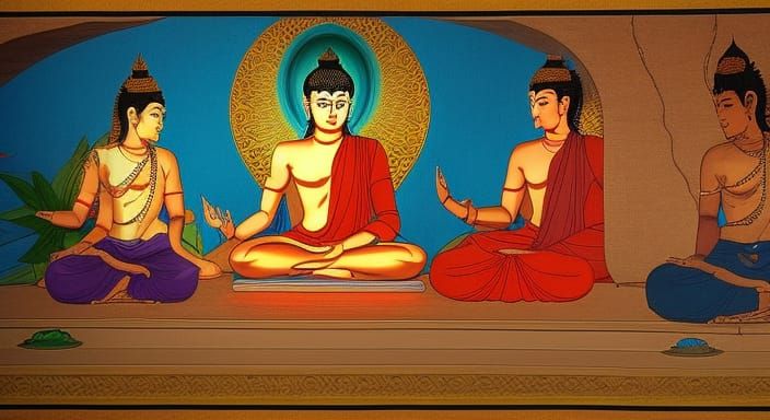 Gautama teaching his students Hyperrealistic, splash art, co...