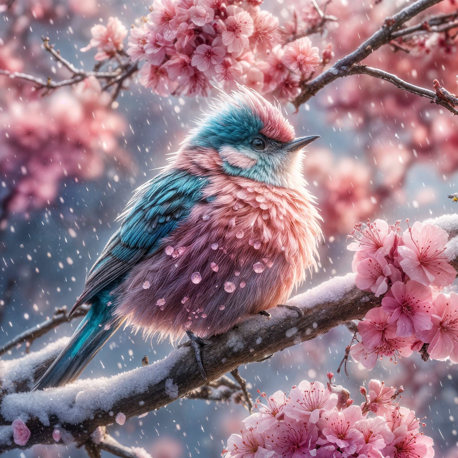 A beautiful, fluffy, feathered bird on a branch with pink flowers and snow.  by @Phantazia