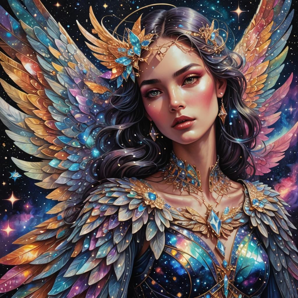 Celestial Girl with Diamond Wings in Cosmic Dreamscape