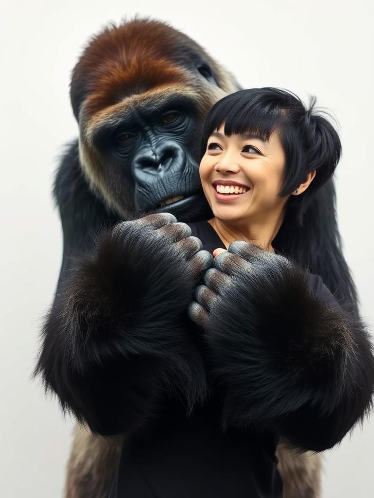 A surreal, playful scene where a large, friendly gorilla suddenly appears behind woman, short black pixie cut hair with fringe and hazel eye...