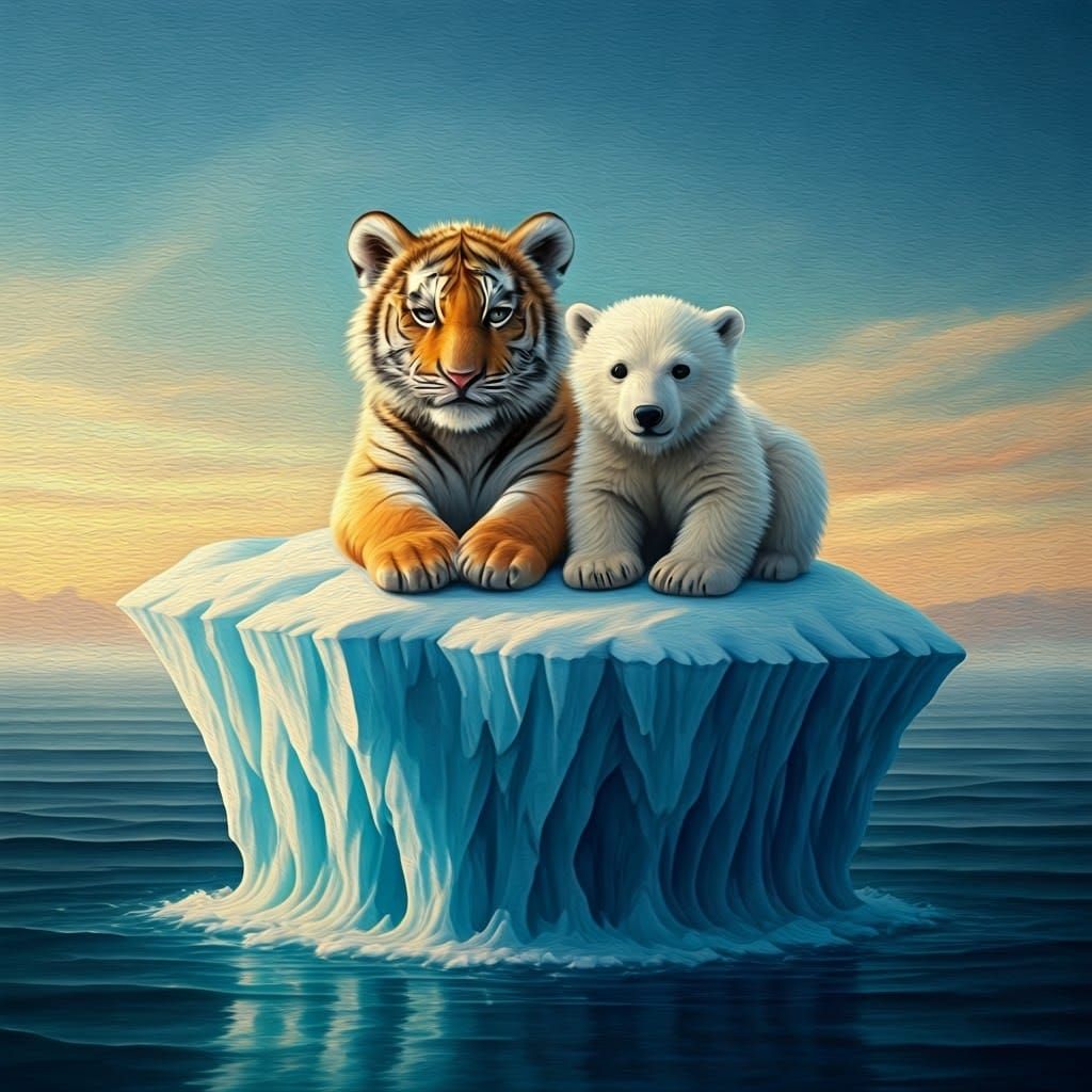 Tiger and Polar Bear Cubs Share a Cozy Moment on a Serene Ic...