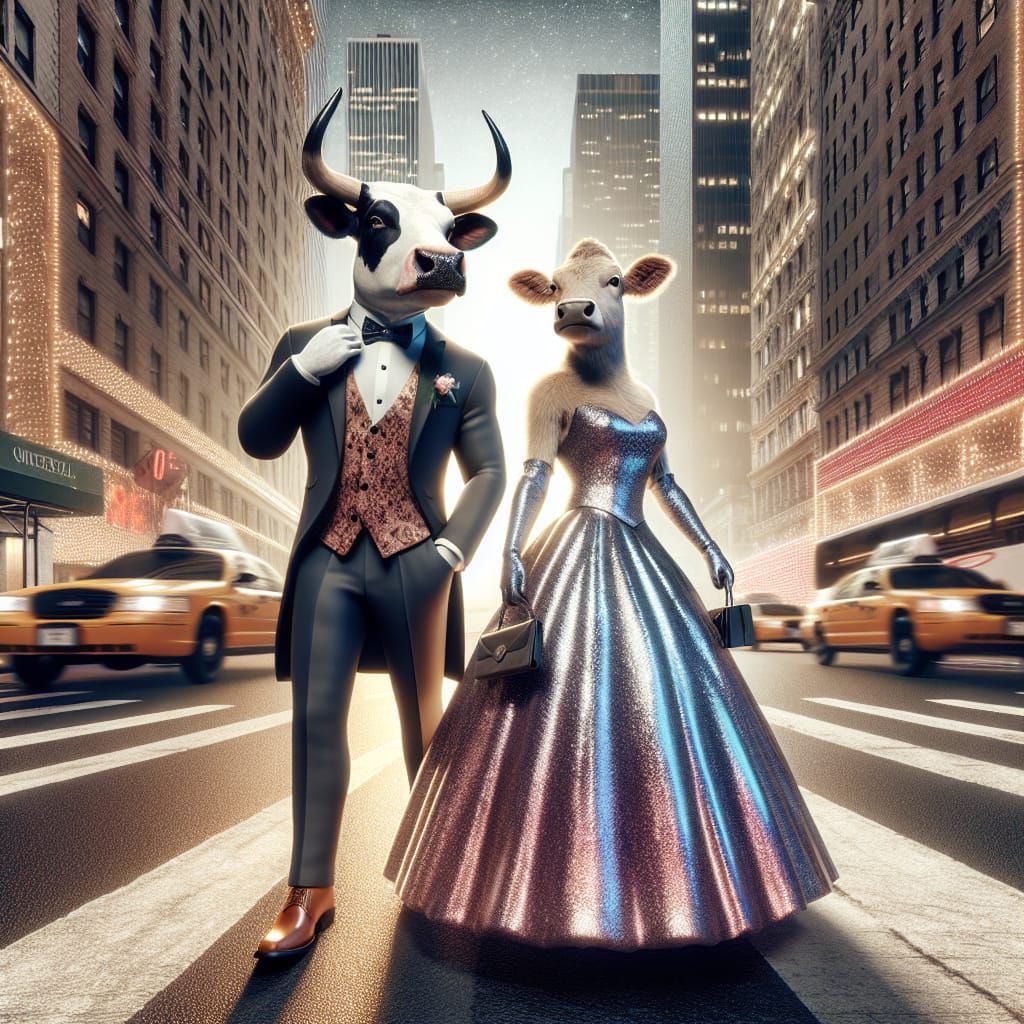 personified cow wearing a ball gown walking in new york city...