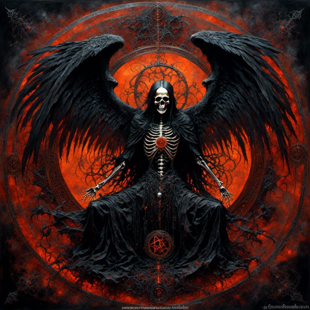 <lora:Other side of holy:1.0> Demonic skeleton dark fallen angel with huge black wings, oldschool oil painting style, watercolor, mandala wi...