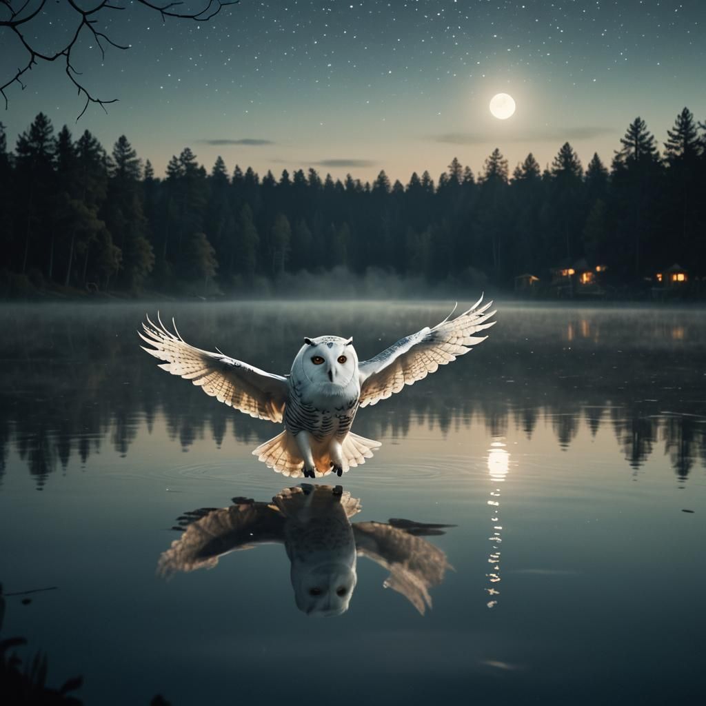Glowing Owl Over Moonlit Lake: Cinematic Night Scene
